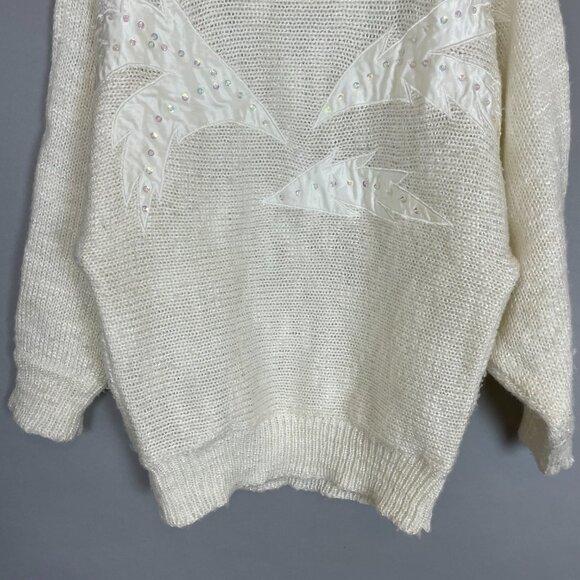 Vintage 80s Sweater Applique Beaded Sequins White Women Medium Batwing Sleeve - Picture 4 of 14
